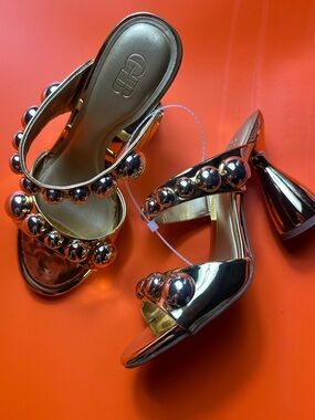 Gianni Bini Metallic Gold Beaded Double-Strap Heels